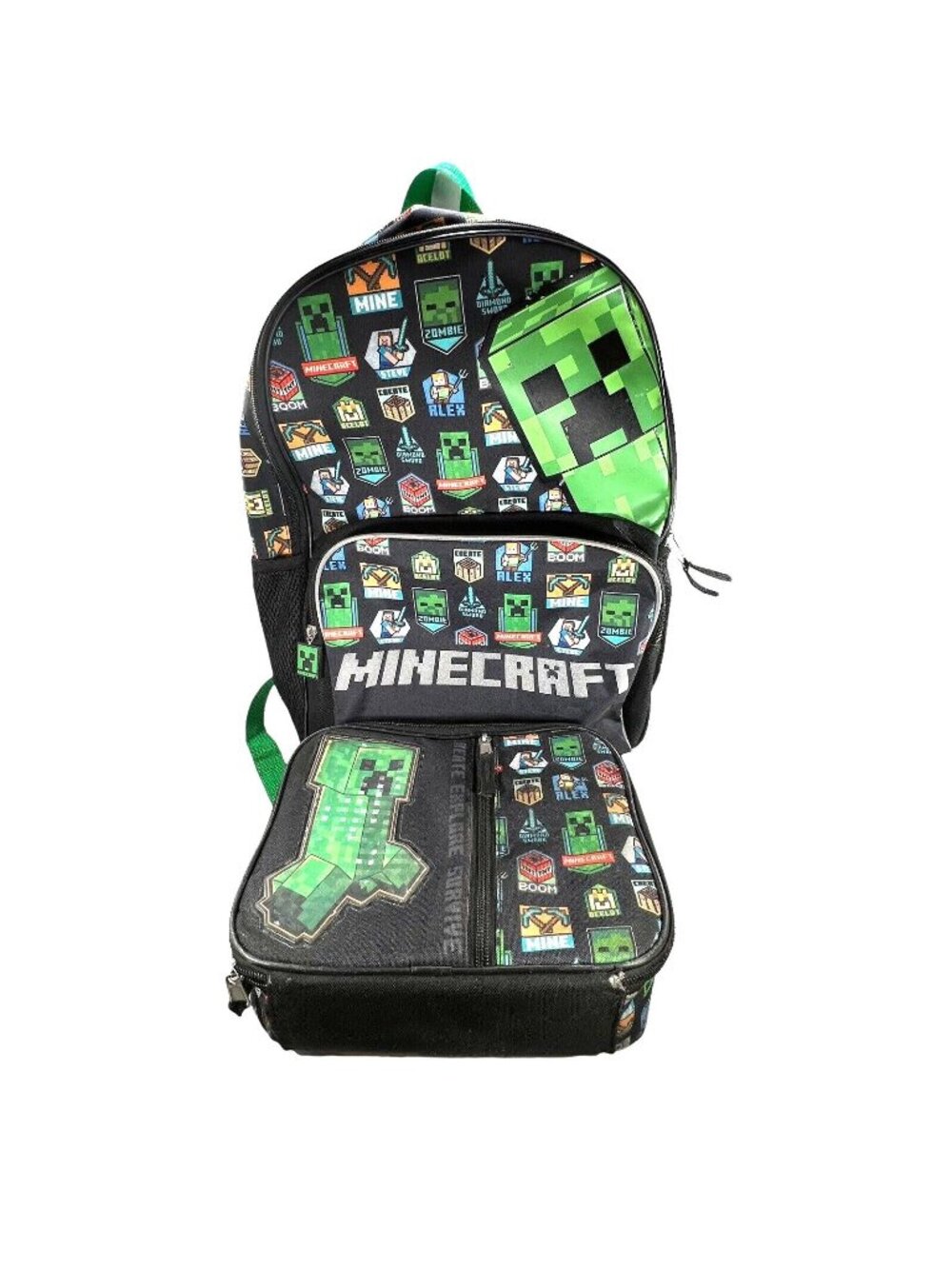 Minecraft Creeper Backpack Detachable Lunch Bag School Kids Boys Black Green